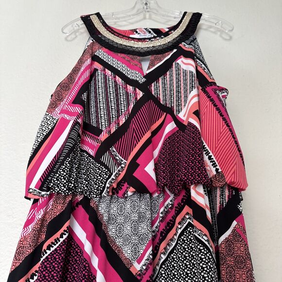 Women’s Liquid Knit Dress Embellished Multicolor Long Sleeveless Geometric Sz L - Picture 3 of 16